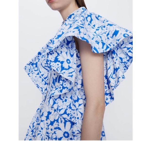 ZARA Printed Poplin Top Blue White S - Picture 7 of 11